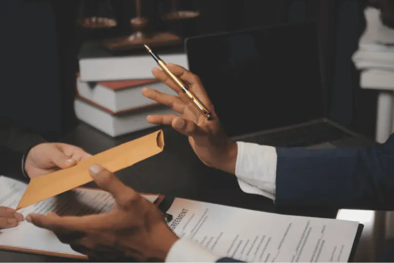 Business lawyers reviewing contract papers for corporate notary services and legal verification. notary document data security