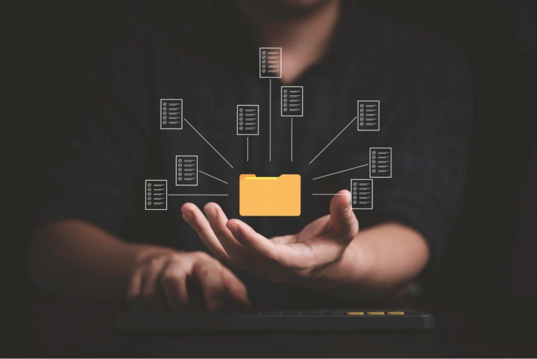 Secure cloud network visualization showing encrypted data transfer and GDPR compliance. notary document data security