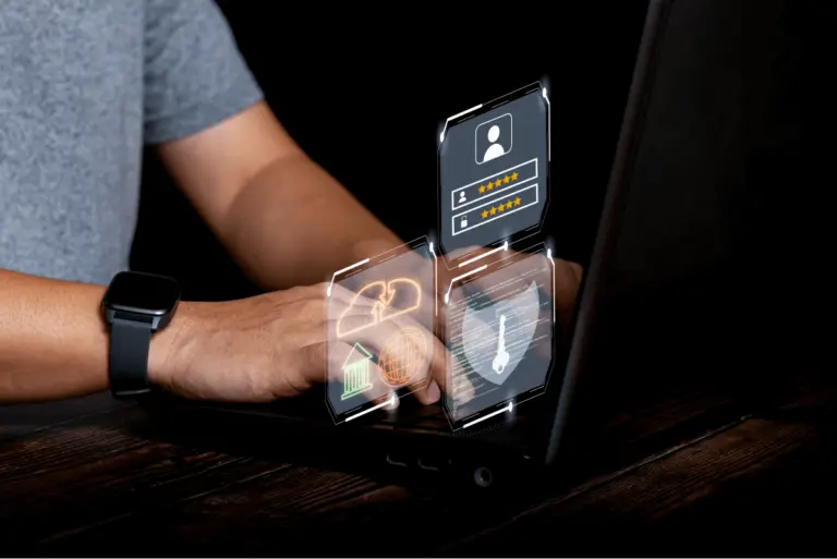 Man working on a laptop using Notrexon's secure online notarisation platform with encryption.